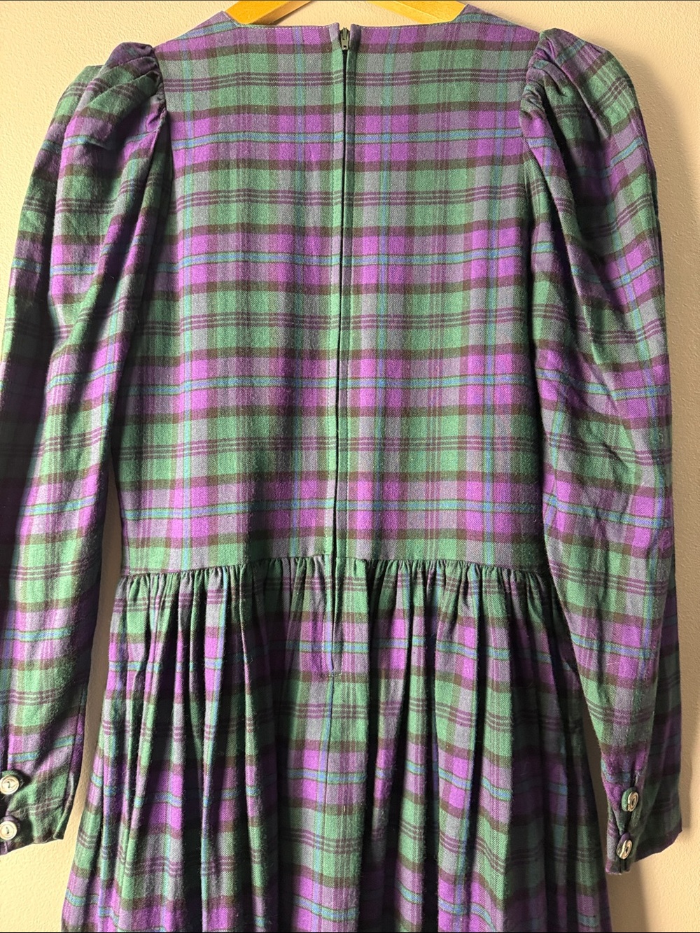 Vintage Laura Ashley Green & Purple Plaid Long-Sleeve Maxi Dress. Early 80s - Picture 9 of 10